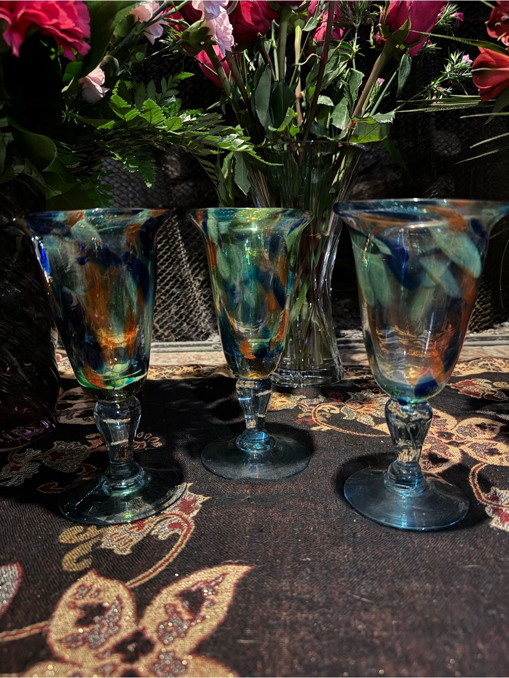 Mexican Handblown Confetti Art Glass Stemware Set of 3 Water Wine Glasses